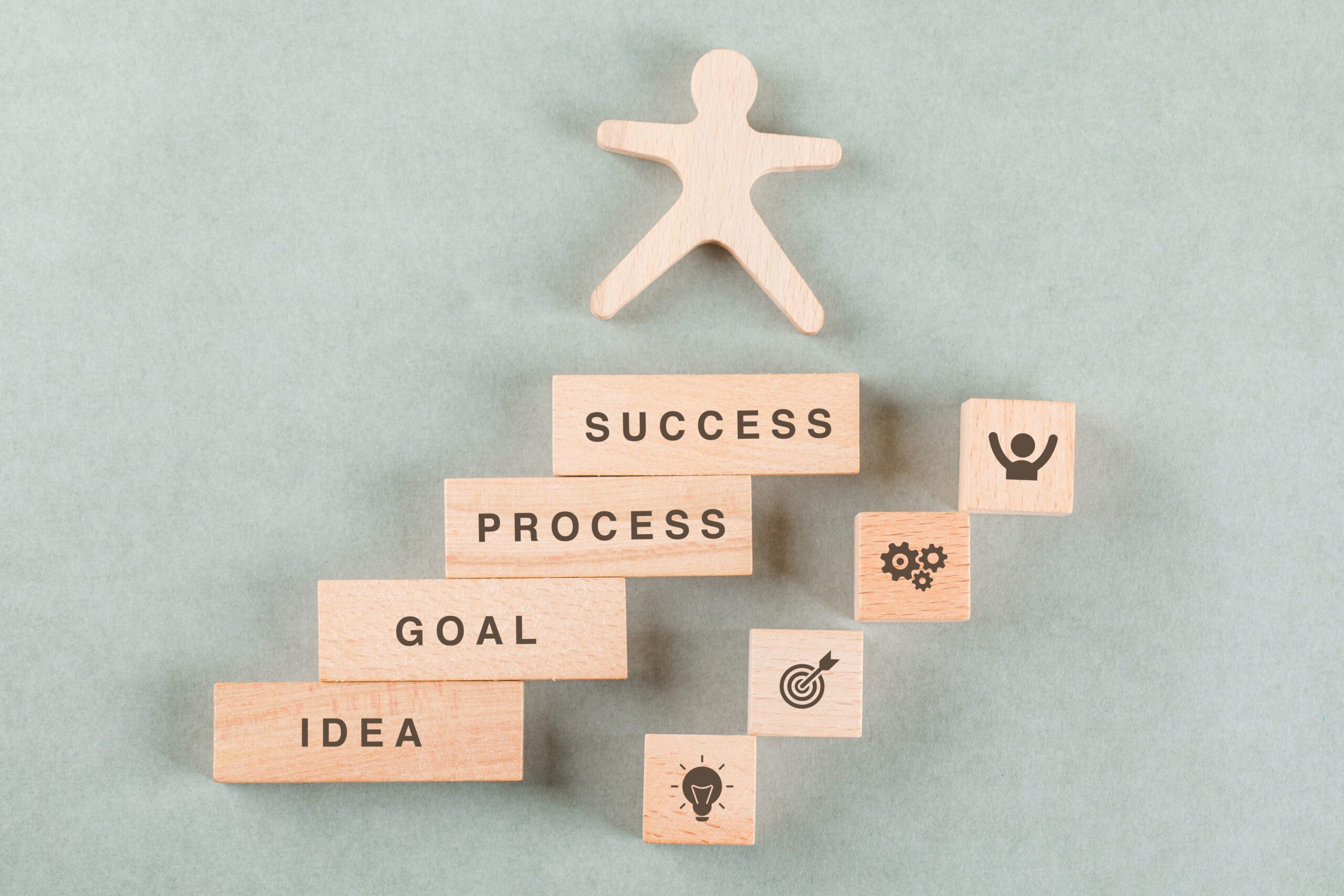 Conceptual of success business with wooden human, rectangle blocks on sage color background flat lay. free space for your text horizontal image